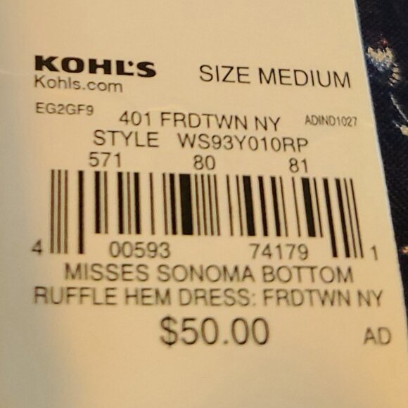 MISSES SONOMA GOOD FOR LIFE BOTTOM RUFFLE HEM DRESS DARK BLUE FLORAL SZ MEDIUM - Picture 12 of 12